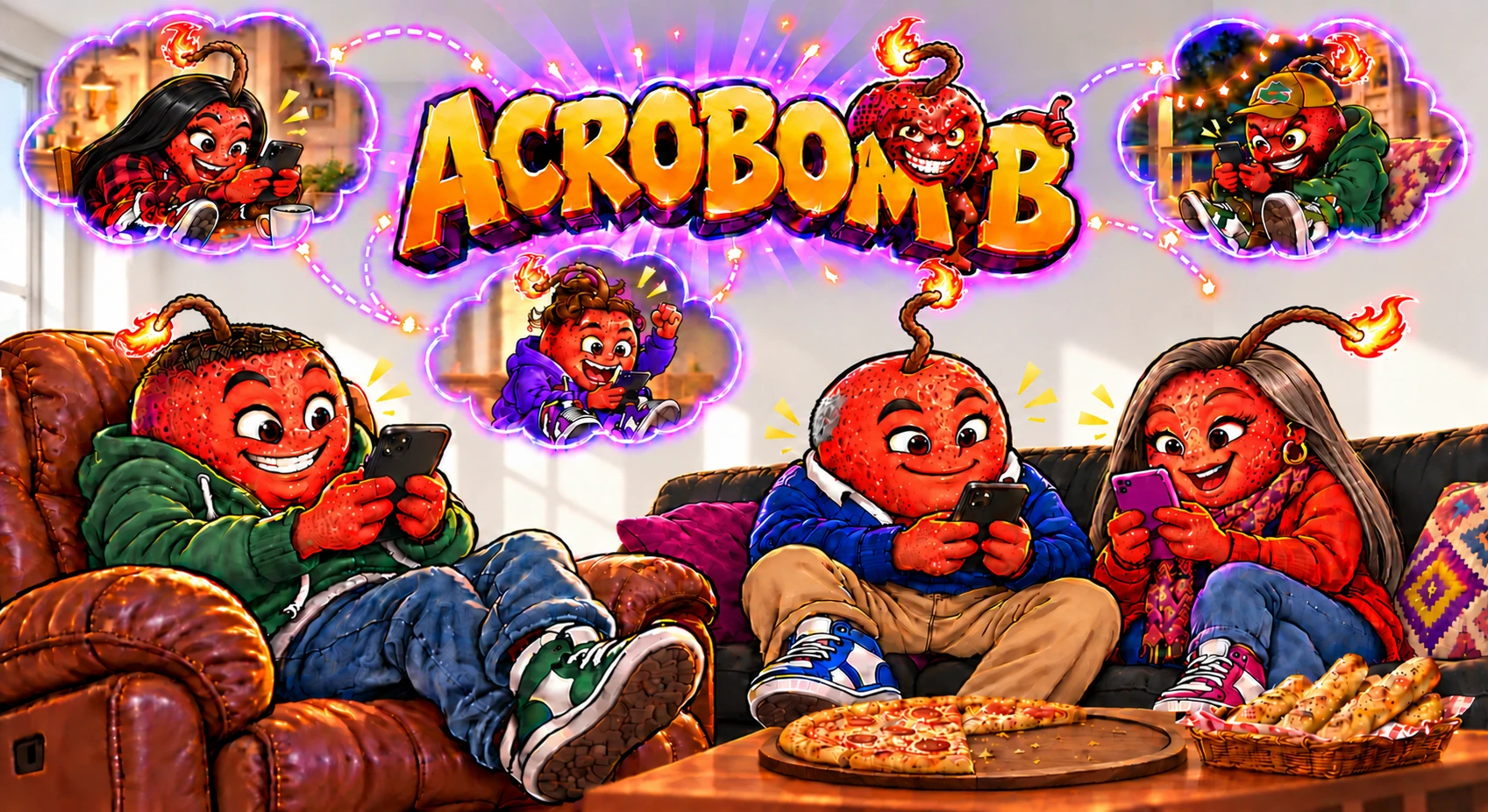 Acrobomb — friends having fun playing on their phones, together and online